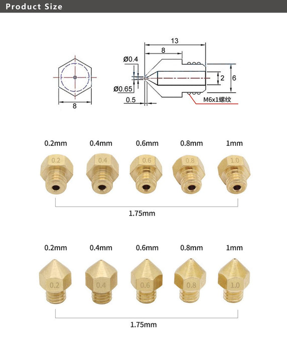 Brass Nozzle 0.2/0.4/0.6/0.8/1.0MM for CR-10S Pro(V2)/CR-10 MAX