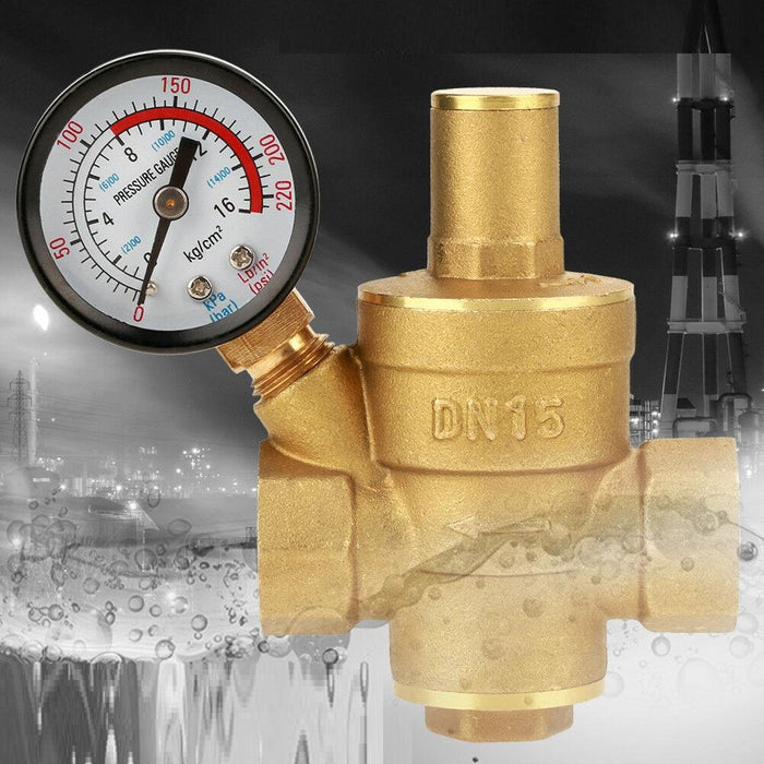 Brass Water Pressure Regulator Valve PN1.6 Dual Scale Gauge Set NPT 1/2