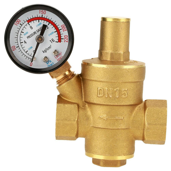 Brass Water Pressure Regulator Valve PN1.6 Dual Scale Gauge Set NPT 1/2