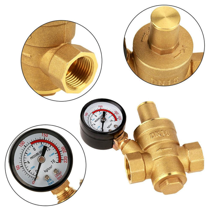 Brass Water Pressure Regulator Valve PN1.6 Dual Scale Gauge Set NPT 1/2