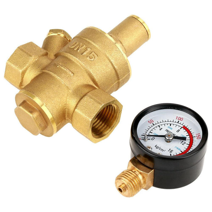 Brass Water Pressure Regulator Valve PN1.6 Dual Scale Gauge Set NPT 1/2