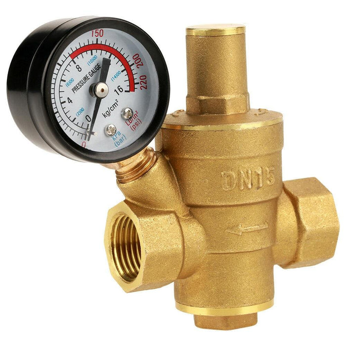 Brass Water Pressure Regulator Valve PN1.6 Dual Scale Gauge Set NPT 1/2