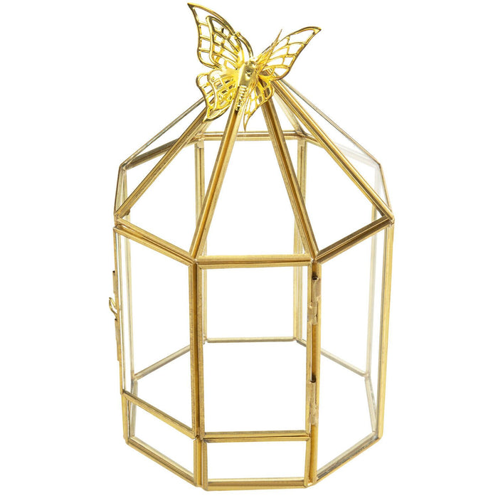 Glass Plant Terrarium Hexagon Birdcage Design with Brass Tone