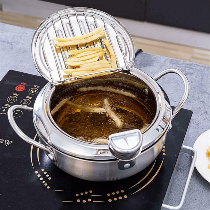 Kitchen Deep Fryer with Thermometer and Lid Household Fryer Pot
