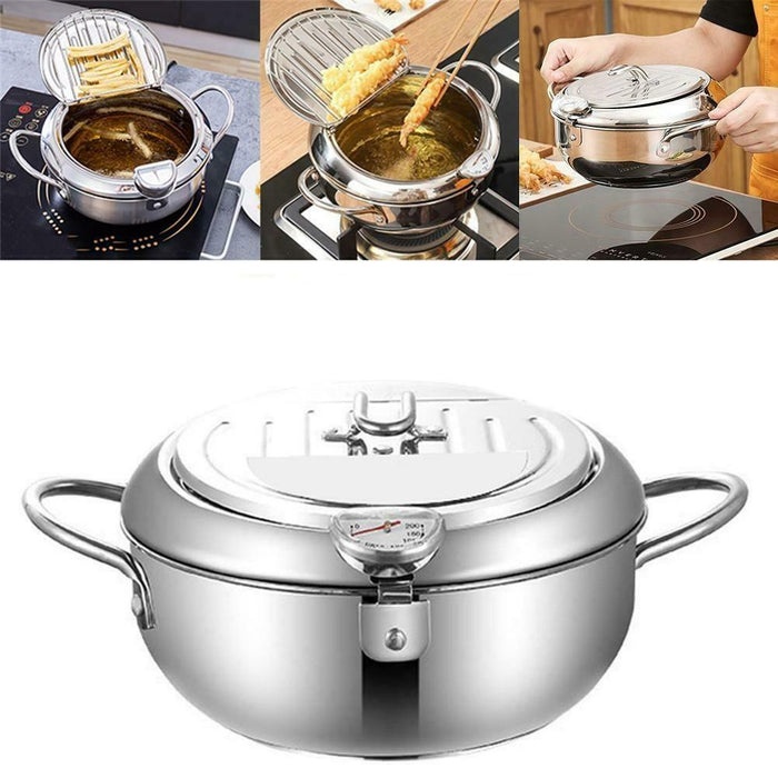 Kitchen Deep Fryer with Thermometer and Lid Household Fryer Pot