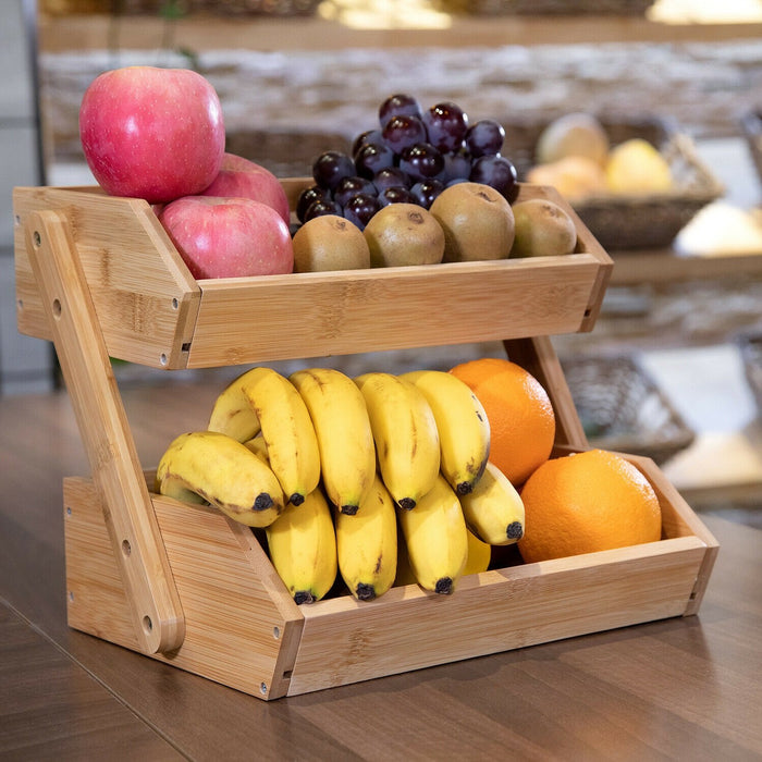 Large 2 Tier Countertop Bamboo Fruit Basket Holder Stand