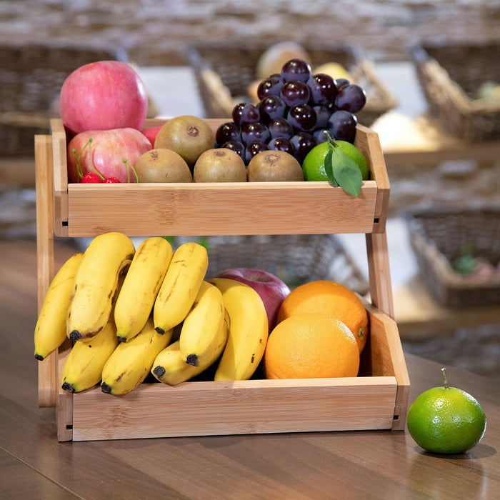 Large 2 Tier Countertop Bamboo Fruit Basket Holder Stand