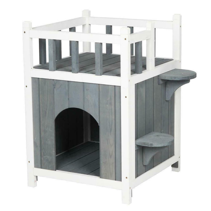 Outdoor Wooden Cat House Stair Balcony Shelter