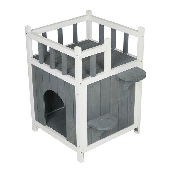 Outdoor Wooden Cat House Stair Balcony Shelter