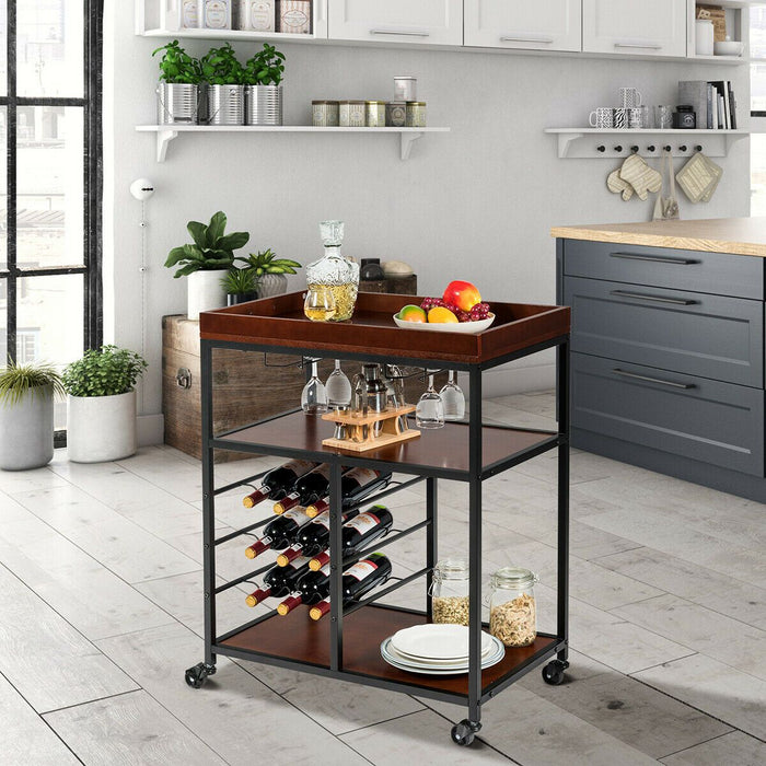 Premium 3 Tier Storage Kitchen Trolley Utility Bar Serving Cart w/ Wine Rack