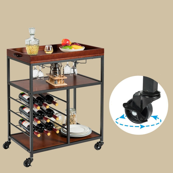 Premium 3 Tier Storage Kitchen Trolley Utility Bar Serving Cart w/ Wine Rack