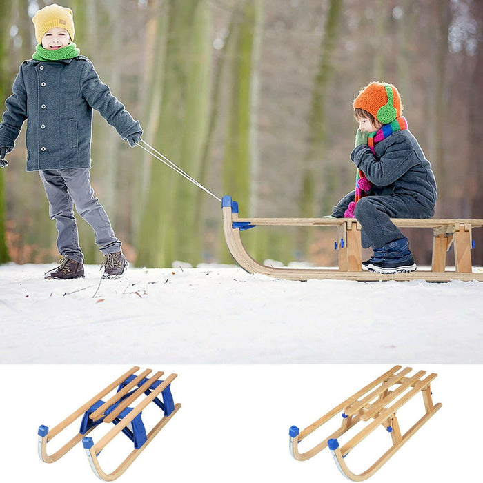 Premium Kids Snow Sled Runners Foldable Wooden Seat Slope Slider