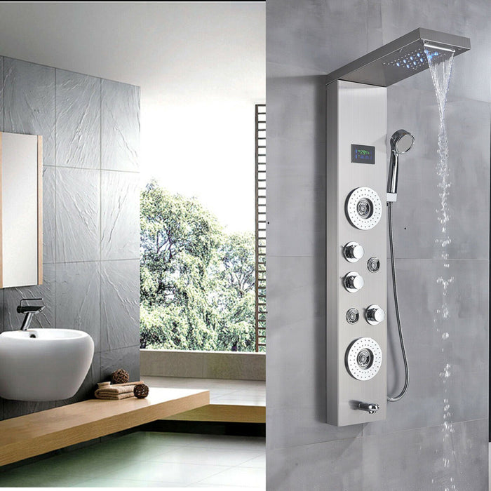 Premium Shower Panel Tower LED Rain Waterfall Brushed Nickel
