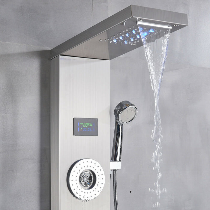 Premium Shower Panel Tower LED Rain Waterfall Brushed Nickel