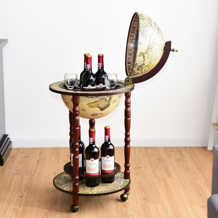 Premium Wooden Globe Liquor Bottle Wine Rack with Wheels