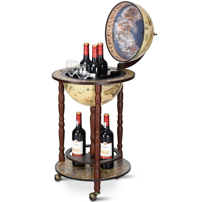 Premium Wooden Globe Liquor Bottle Wine Rack with Wheels