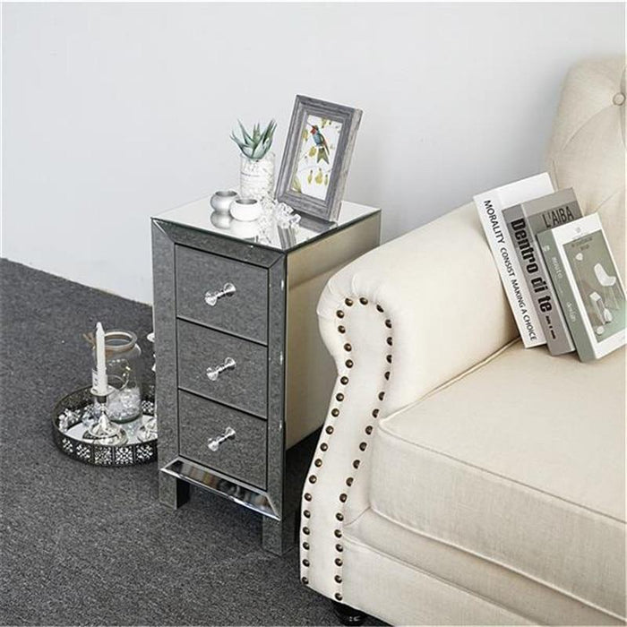 Elegant Three Drawer Silver Mirrored Bedside Nightstand Table