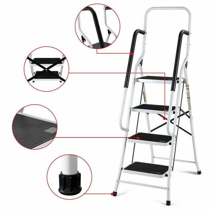 Safety 4 Step Folding Stool Ladder with Nonslip Handrails