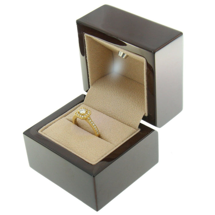 Suede Tan Wooden LED Engagement Ring Box Jewelry Gift Box