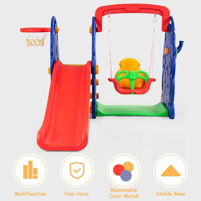 3 in 1 Kids Swing Set Playground Climber Slide Basketball Hoop Set