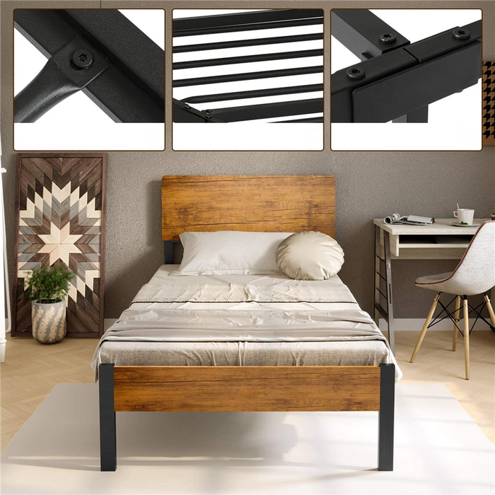 Twin Heavy Duty Metal Platform Bed Frame Steel Slat Support w/ Wood Headboard
